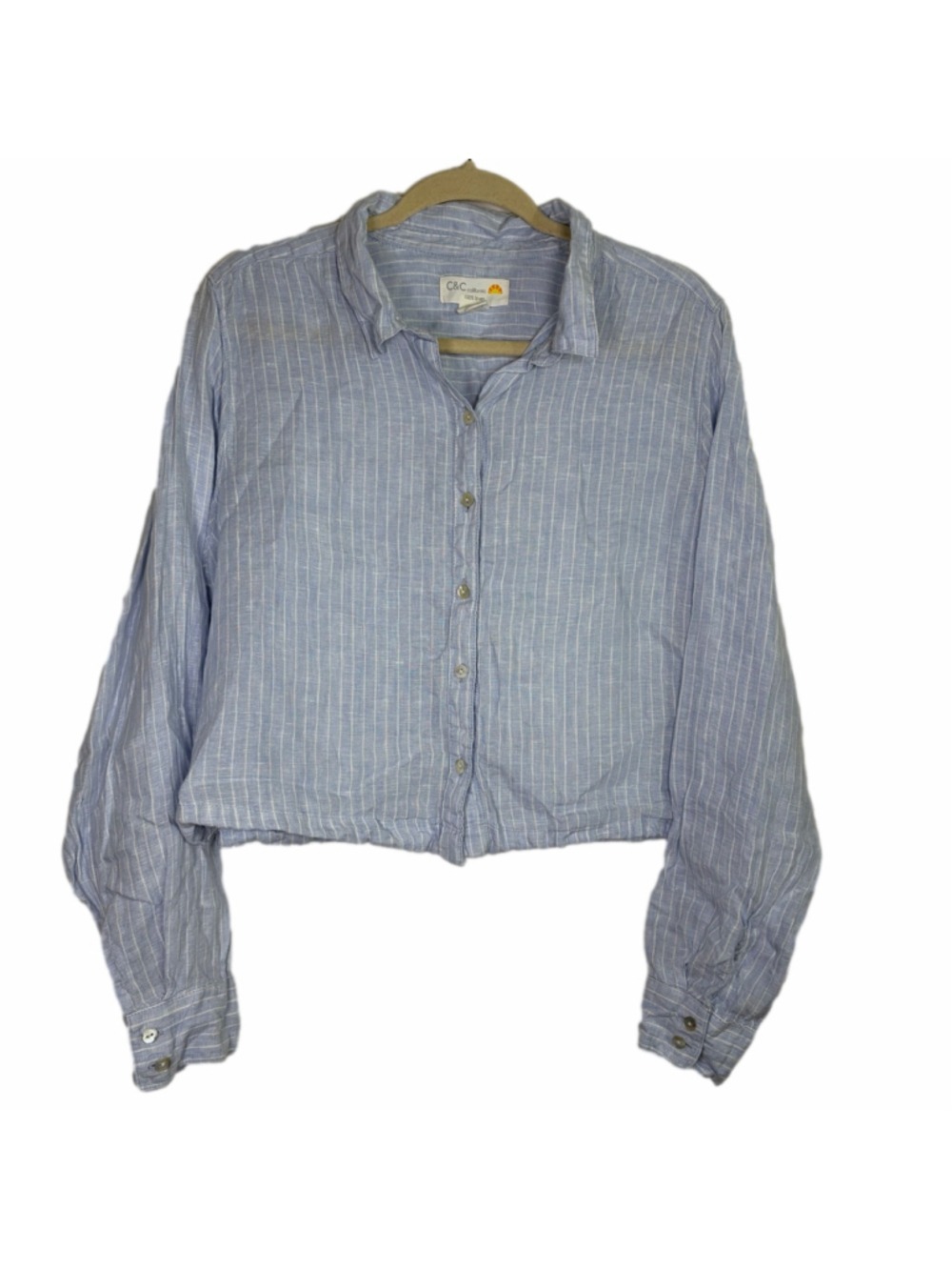 C&C California Striped Cropped 100% Linen Button Down Shirt Blue White Size XL